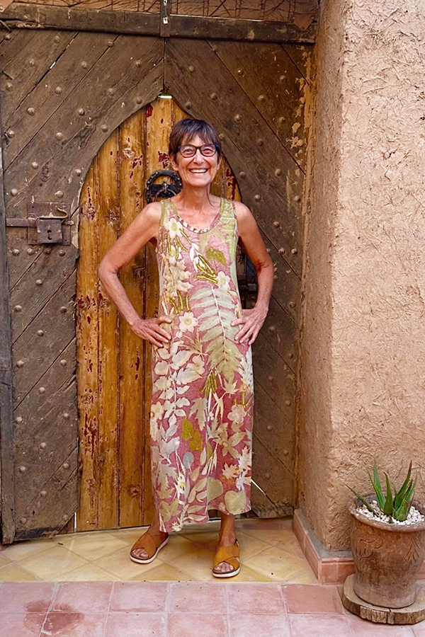 Carolyn Nixon, wearing one of her creations as a dress, is one of the natural dye artists who has taught Rose Gerstner many aspects of her craft