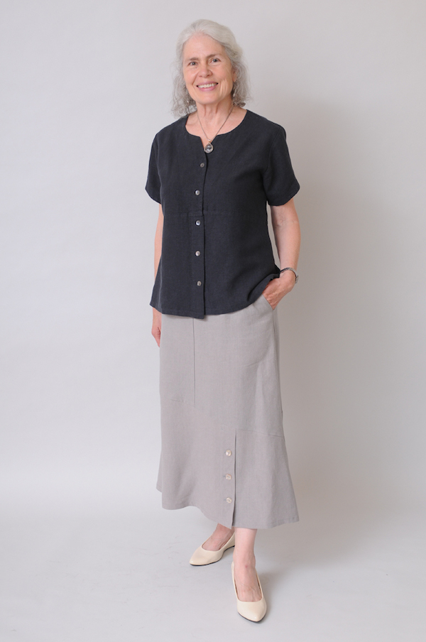 I design Sympatico styles for mature women of all ages. Swallowtail Top in Graphite with Grey Fog Angled Skirt.
