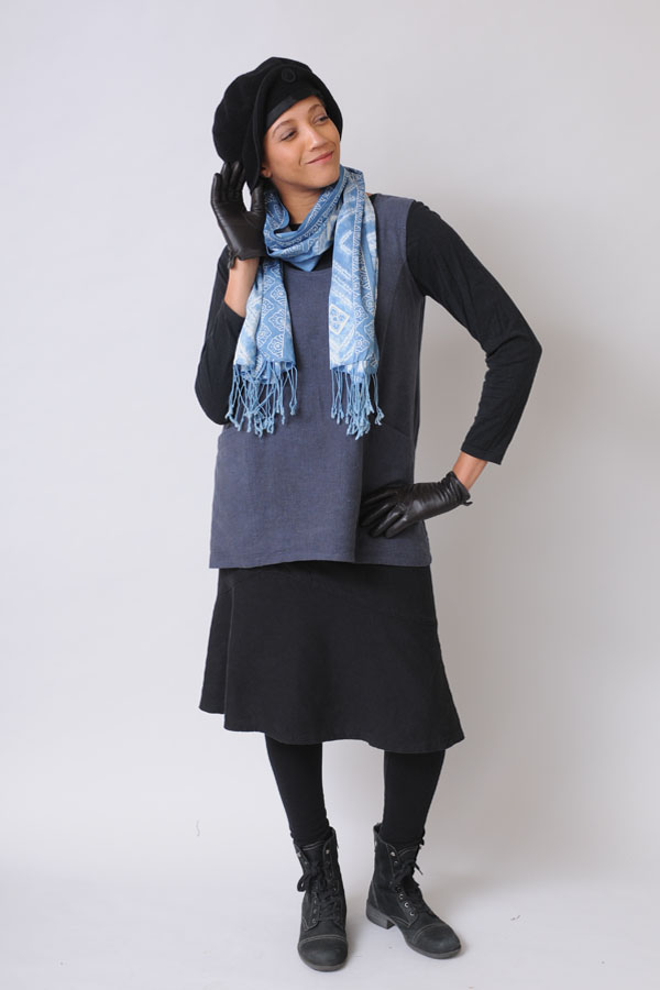 Nikki's layered approach includes a Trapeze Tunic in Graphite and Black 24" Flip Skirt.