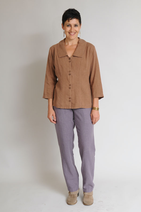 The hemp and Tencel blend I use exclusively is earth- and human-friendly. [Princess Top in Caramel; Stovepipe Pants in Mulberry]