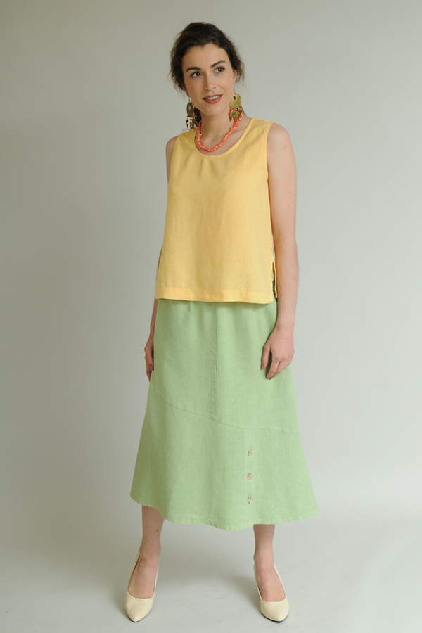 A Buttercup Tank Top over a Green Tea Angled Skirt