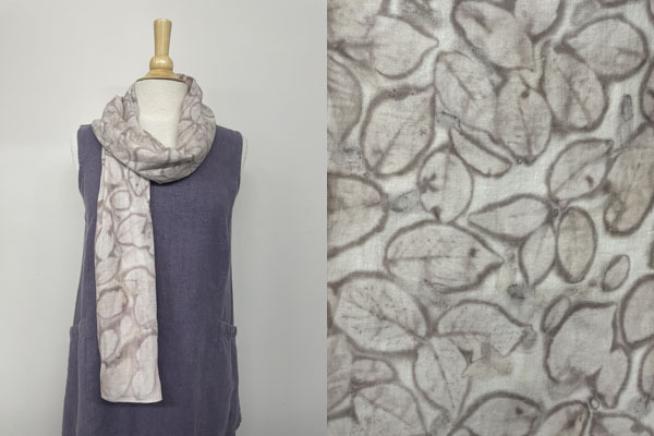 Cherry Oh! Scarf on Ramie ecoprinted silk scarf with cherry leaves