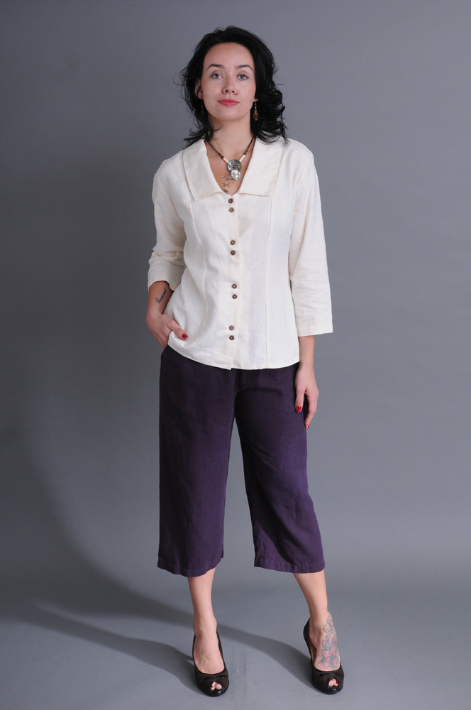 The classic lines of Cropped Pants in Plum work attractively beneath a Princess Top in undyed Natural. 