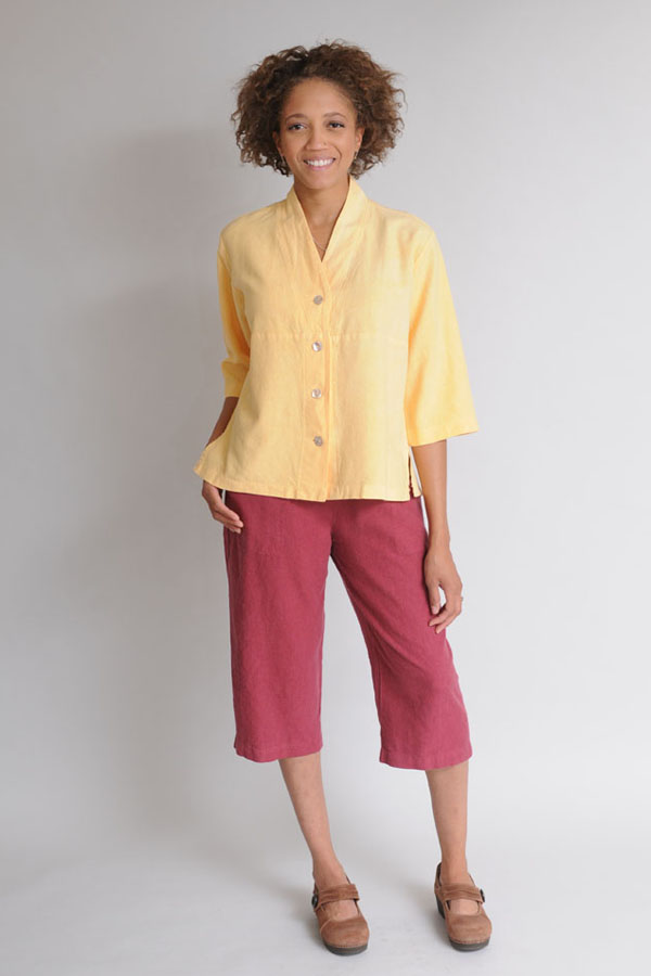 Garnet Cropped Pants below a Buttercup Tuxedo Top.