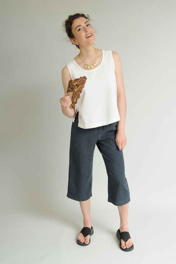 Leah’s Tank Top in Natural and Cropped Pants in Graphite couple nicely for coping with crazy heat. 