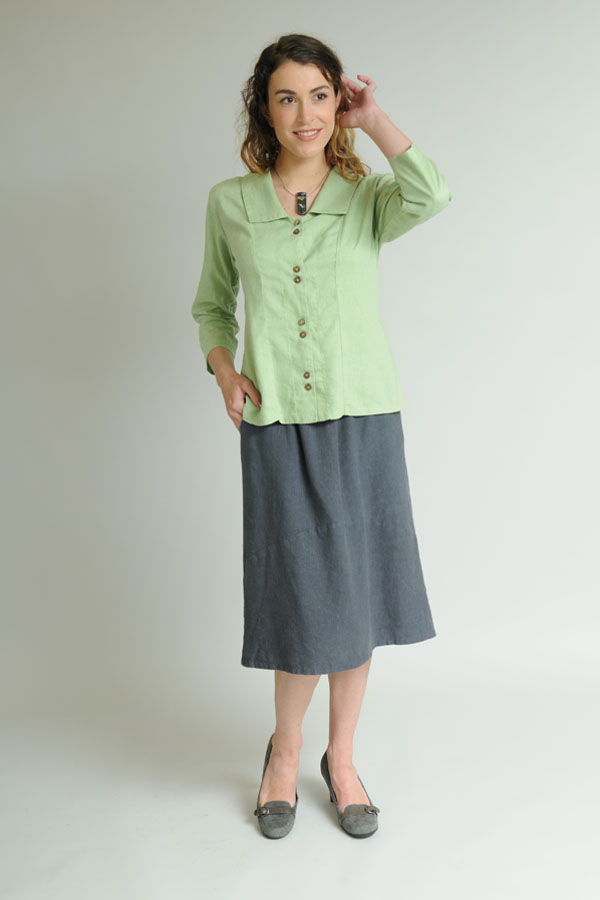 In crafting and shipping the Sympatico collection, I try to avoid the use of plastic wherever possible. Hemp/Tencel Princess Top in Green Tea; Curved Skirt in Graphite.