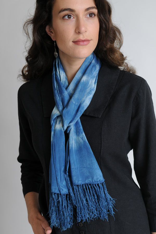 The Fringed Indigo Silk Scarf brightens up darker outfits beautifully.