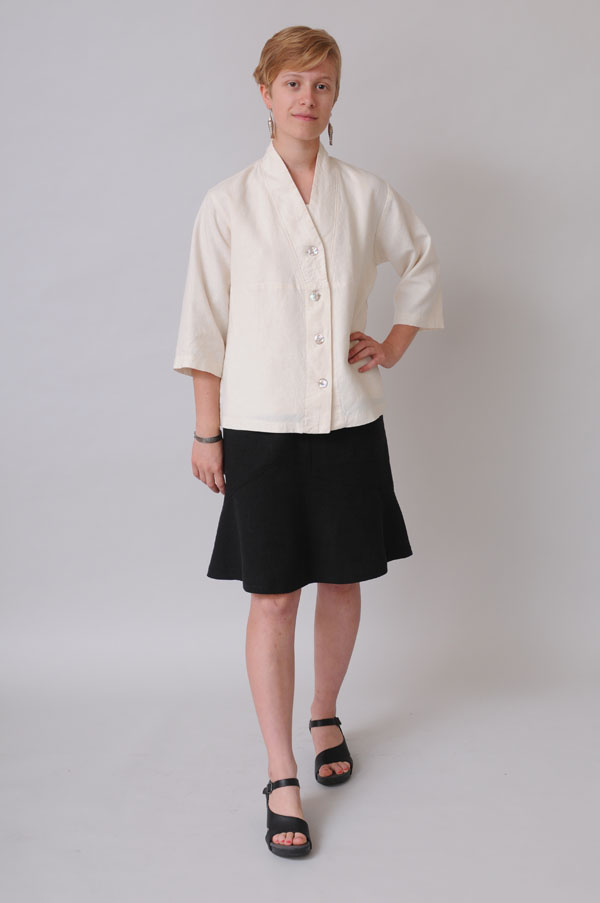 When temperatures drop, slip on a hemp Tencel Tuxedo Top in Natural.