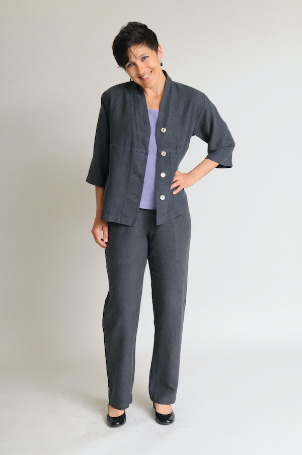 Zoe’s Tuxedo Top and Stovepipe Pants in Graphite is an outfit that any mature woman can love.