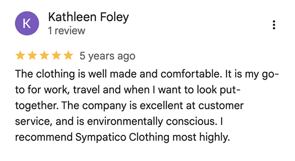Screenshot of a Google review about Sympatico's comfortable clothing and good customer service