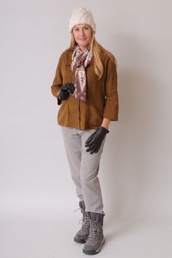 Sympatico hemp and Tencel fabric helps trap heat when worn in layers but never gets clammy like synthetics. Princess Top in Toffee, Stovepipe Pants in Grey Fog, Vintage Batik Cotton Scarf.