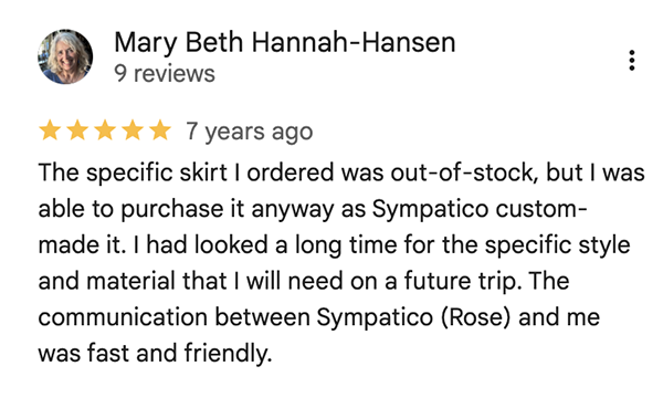 Screenshot of Google review which talks about custom clothes from Sympatico