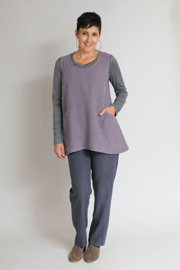 The Trapeze Tunic in Mulberry works beautifully with neutrals such as Stovepipe Pants in Graphite. 