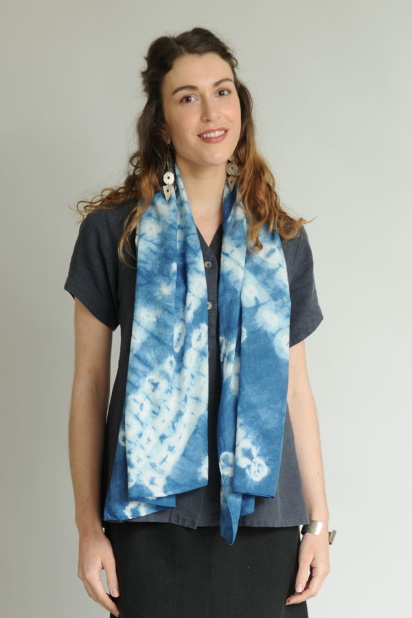 A mix of shibori techniques offers interesting design elements on the Indigo Organic Cotton Scarf/Wrap.