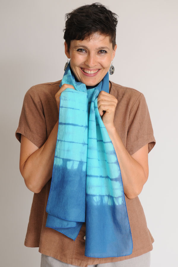 Surprise yourself by accessorizing in new and different ways. (Organic cotton indigo/turquoise shibori scarf)