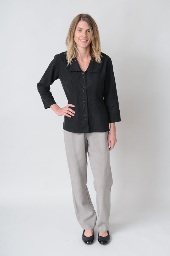 The simple elegance of a Black Princess Top with Grey Fog Stovepipe Pants is at home in nearly any setting.