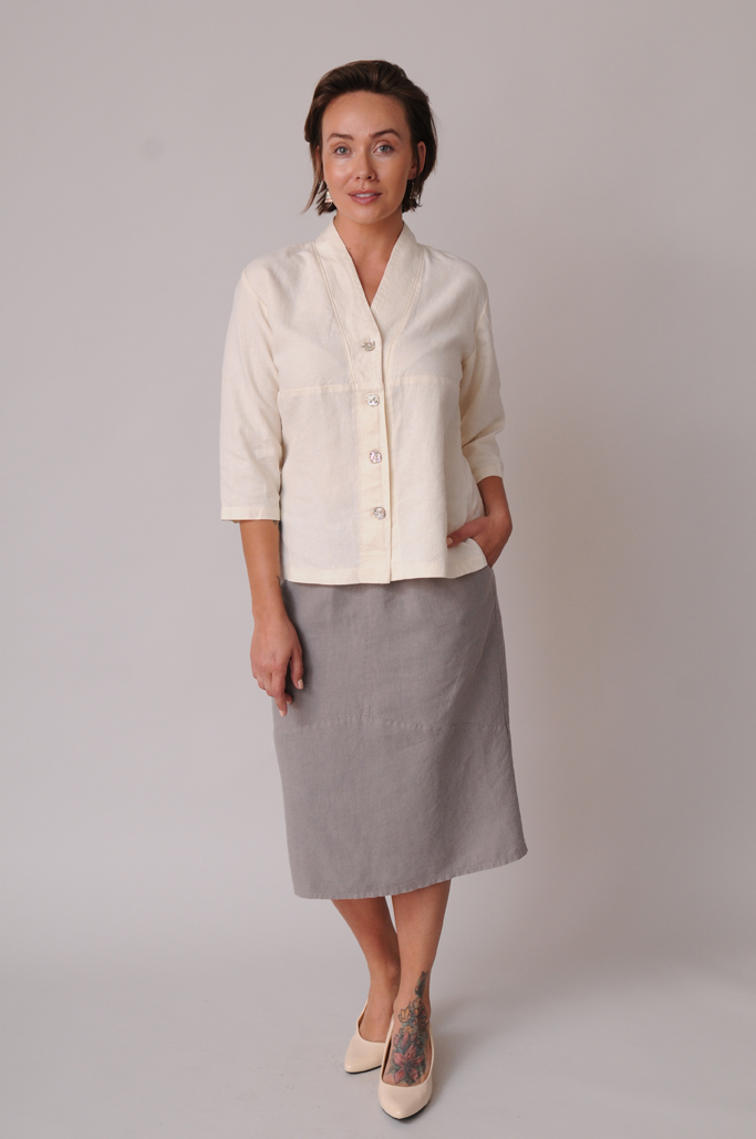 Our fabrics are durable. Shown here our Tuxedo Top and Curved Skirt.