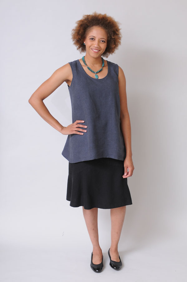 Tunic-length pullover top with flip skirt in hemp