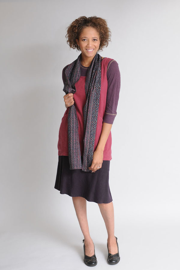 Wool floral scarf, Garnet Trapeze Tunic and Plum Flip Skirt
