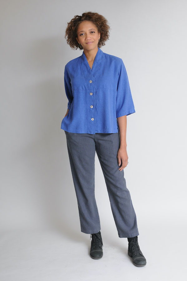 A Tuxedo Top in Sapphire and Stovepipe Pants in Graphite offers top to bottom sustainability.