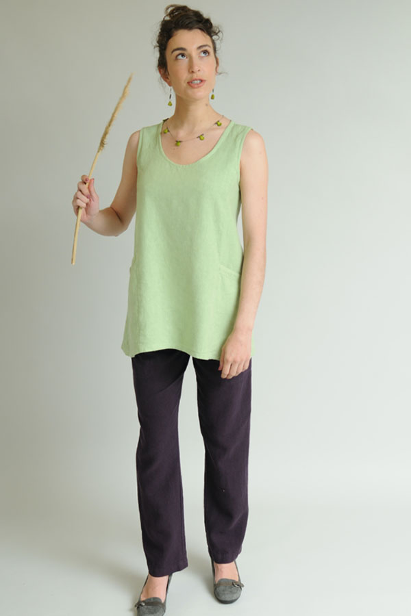 A Trapeze Tunic in Green Tea over Stovepipe Pants in Plum helps keep your cool while staying presentable.