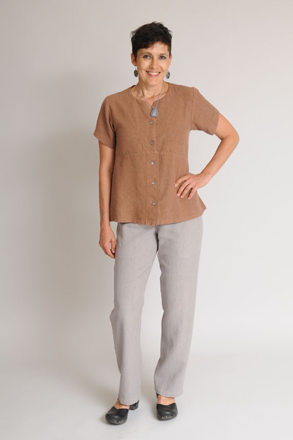 Trying out new combinations or even those you’ve previously rejected can be liberating. (Swallowtail Top in Caramel; Stovepipe Pants in Grey Fog.)