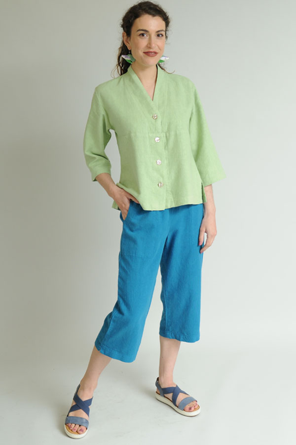 A Green Tea Tuxedo Top and Teal Cropped Pants are made for summer fun.