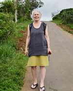 Photo, right: Staying cool wearing my Trapeze Tunic and Flip Skirt to hike up steep mountains.