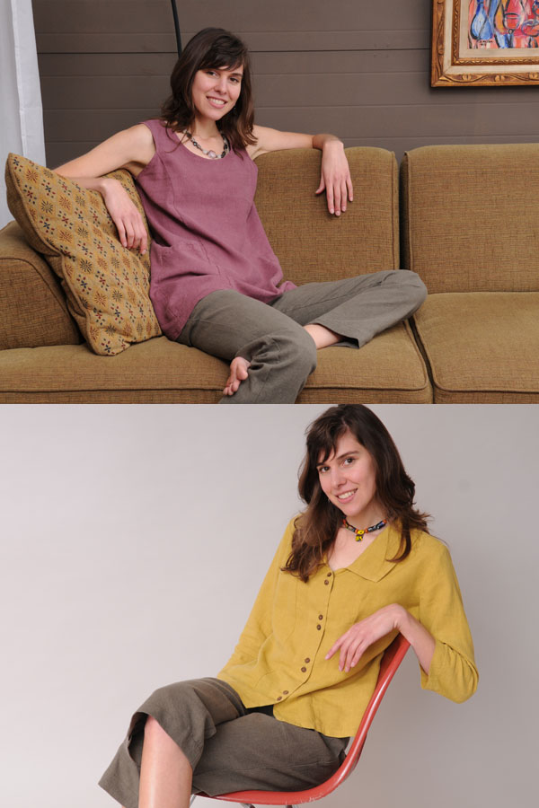 Relaxing in a Trapeze Tunic with Stovepipe Pants (top). For a slightly dressier look, pair the Princess Top with Cropped Pants. 