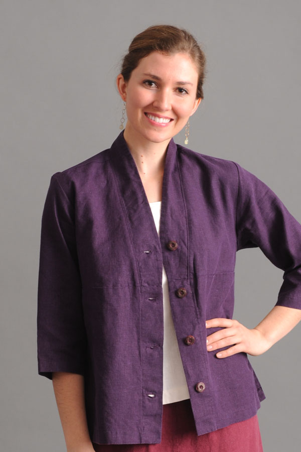 The Tuxedo Top in Plum breathes beautifully in summer while also providing a sustainable layer in cooler weather.