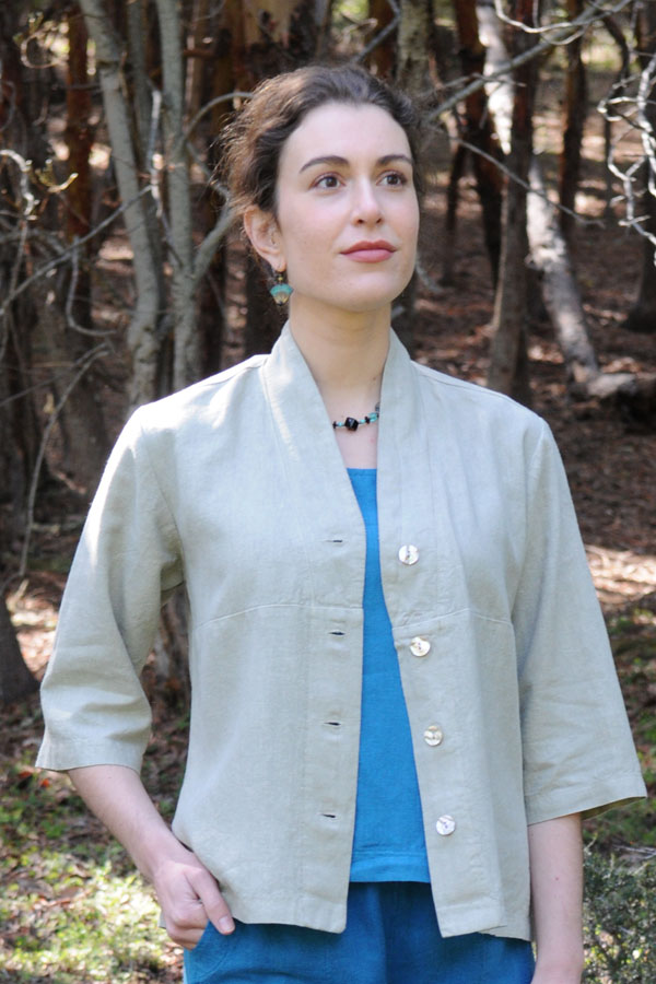 A Tuxedo Top in Sage over a Teal Tank Top works well in changeable spring weather.