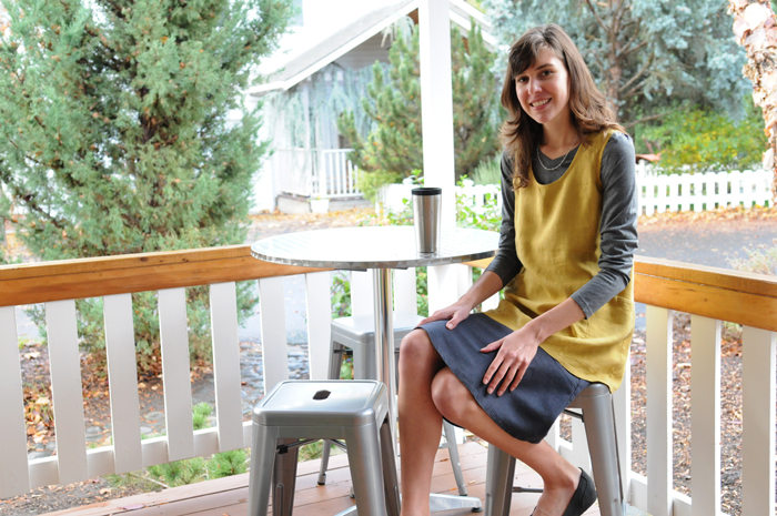 A Trapeze Tunic in Turmeric with a Graphite 24” Flip Skirt in earth-friendly hemp/Tencel. 